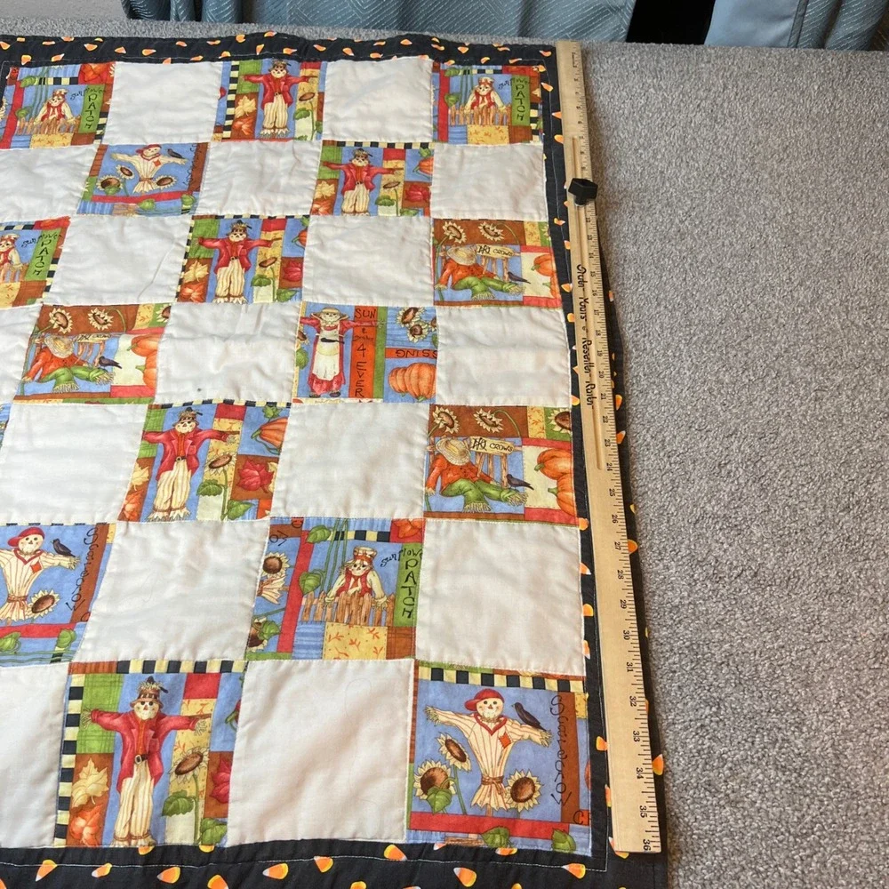 vtg Handmade quilt Autumn Scarecrow‎ Throw Blanket fall patchwork cozy harest